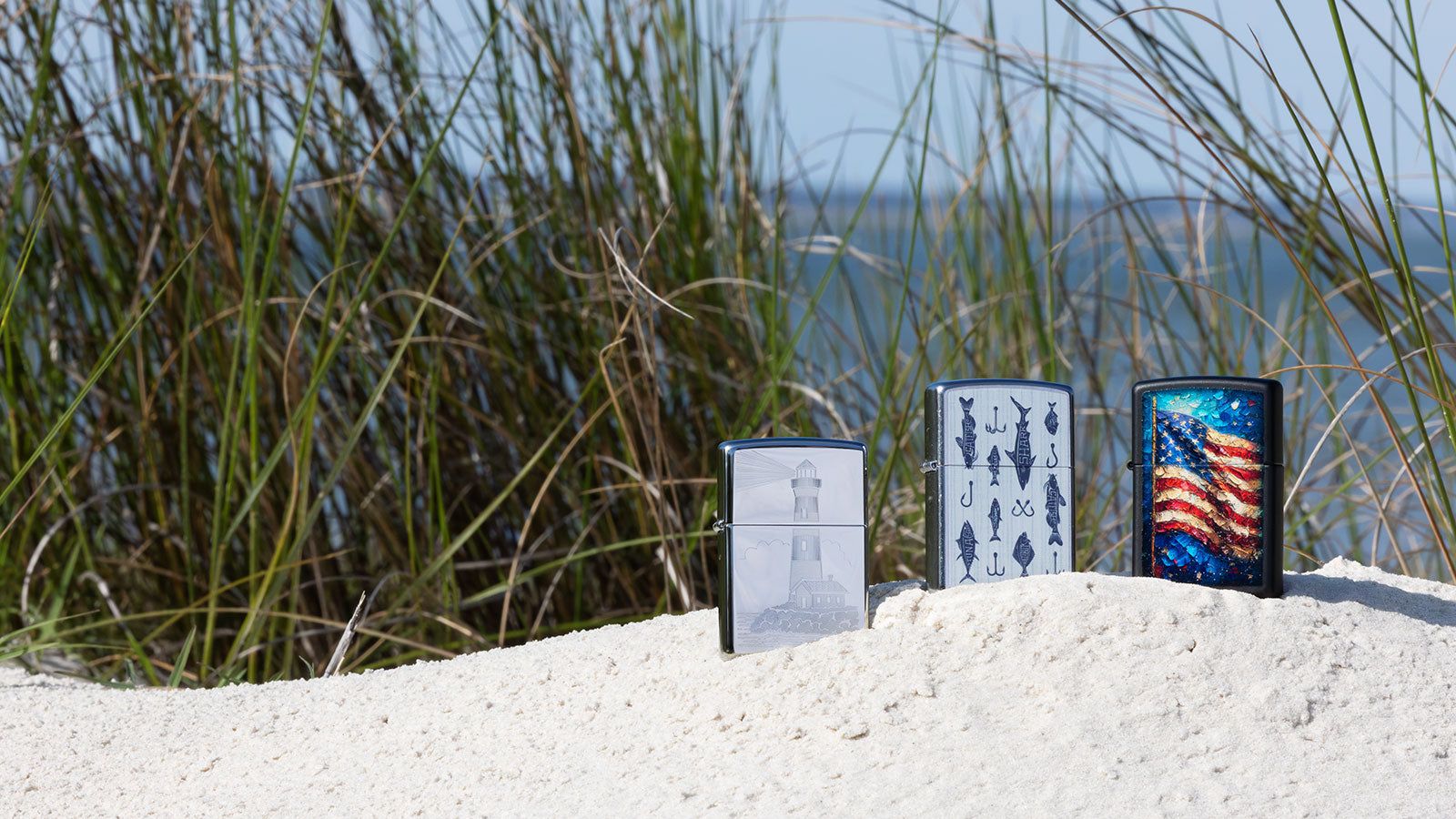 Lighthouse, Fishing, and Patriotic themed designs in a beach settling.