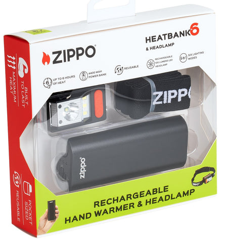 Angled packaging image of Zippo Black HeatBank® 6 Rechargeable Hand Warmer and Headlamp Gift Set.