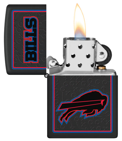 NFL Buffalo Bills Windproof Lighter with its lid open and lit.