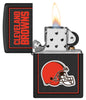 Front shot of NFL Cleveland Browns Windproof Lighter standing at a 3/4 angle. NFL Cleveland Browns Windproof Lighter with its lid open and lit.