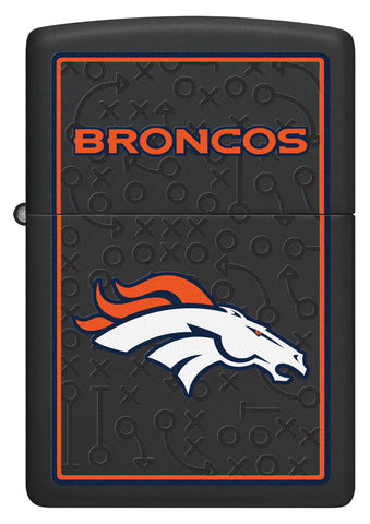 NFL Denver Broncos Windproof Lighter with its lid open and unlit.