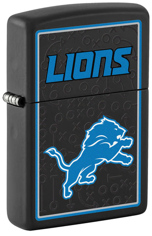 Front shot of NFL Detroit Lions Windproof Lighter standing at a 3/4 angle.