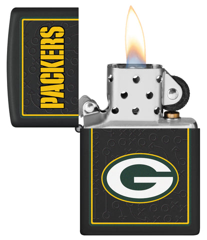 NFL Green Bay Packers Windproof Lighter with its lid open and lit.