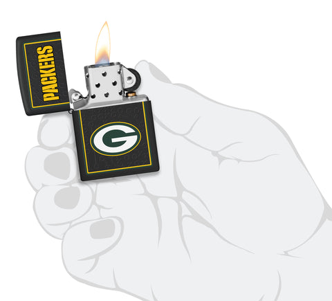 NFL Green Bay Packers Windproof Lighter lit in hand.