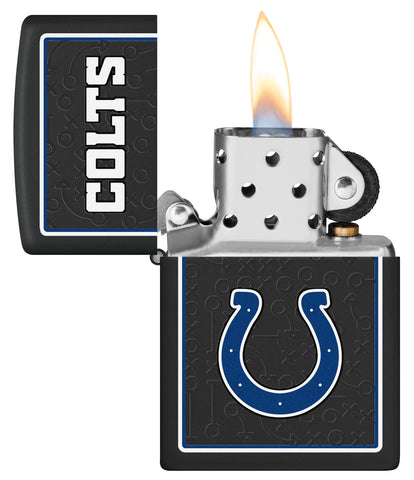 NFL Indianapolis Colts Windproof Lighter with its lid open and lit.