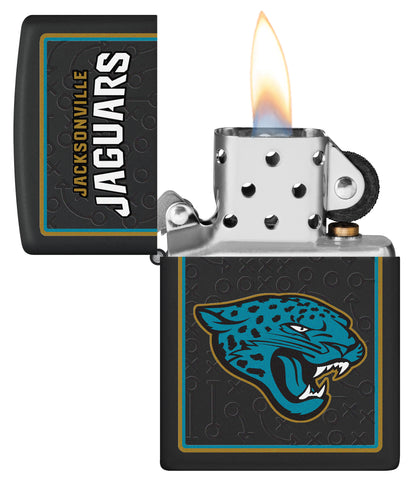 NFL Jacksonville Jaguars Windproof Lighter with its lid open and lit.
