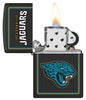 NFL Jacksonville Jaguars Windproof Lighter with its lid open and lit.