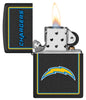NFL Los Angeles Chargers Windproof Lighter with its lid open and lit.