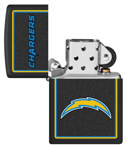 NFL Los Angeles Chargers Windproof Lighter with its lid open and unlit.