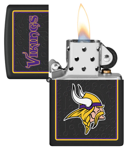 NFL Minnesota Vikings Windproof Lighter with its lid open and lit.