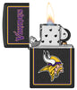 NFL Minnesota Vikings Windproof Lighter with its lid open and lit.