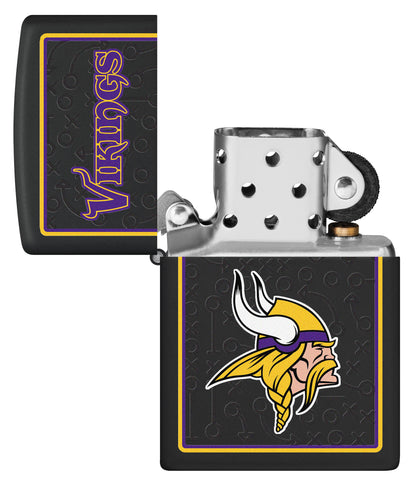 NFL Minnesota Vikings Windproof Lighter with its lid open and unlit.