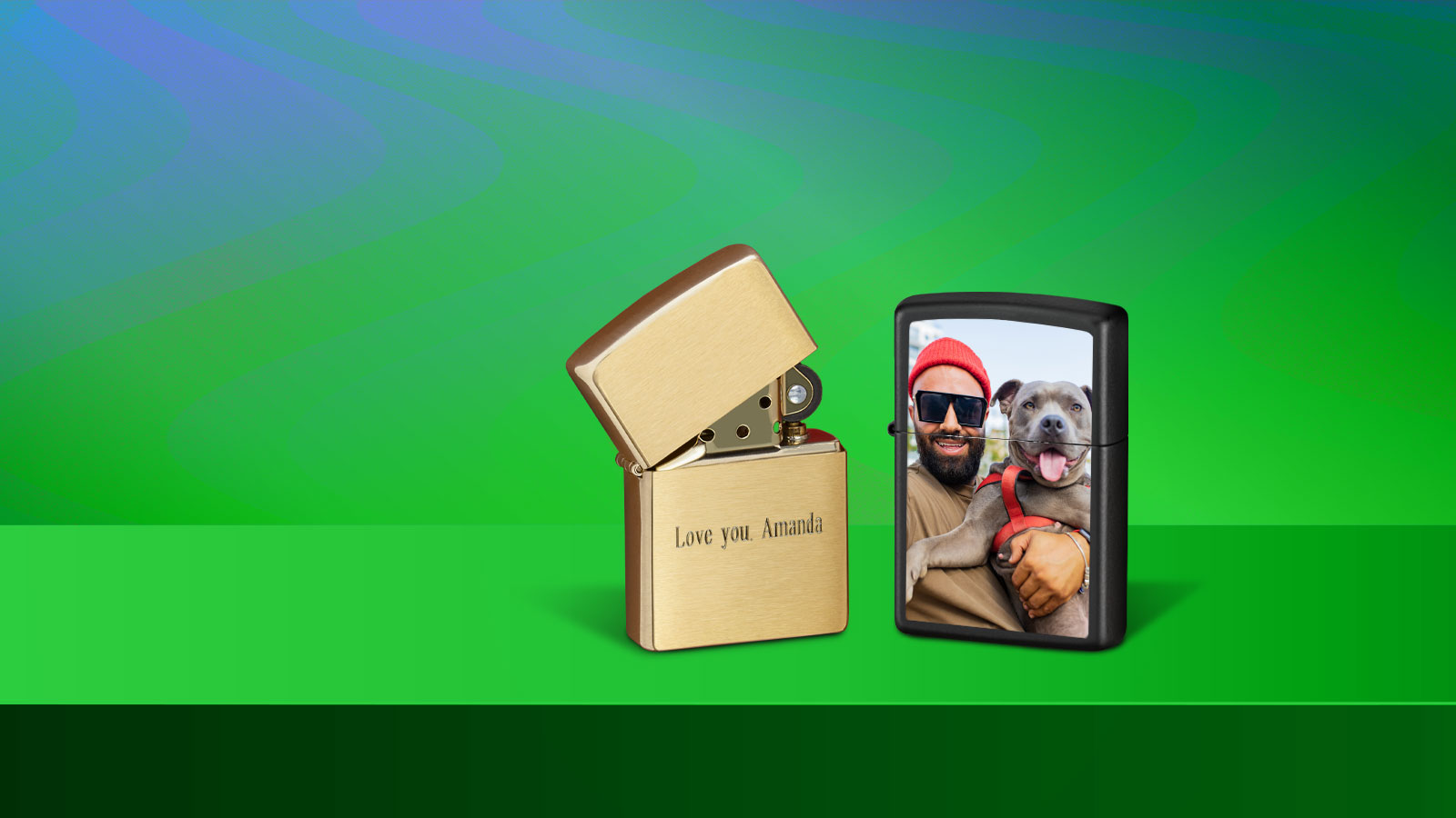 Customized lighters, one engraved the other with a photo.
