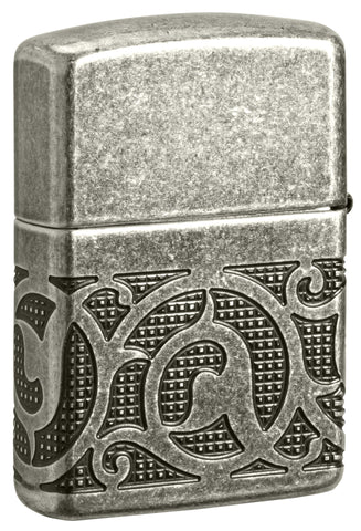 Back view of Zippo Pattern Armor Antique Silver Windproof Lighter standing at a 3/4 angle.