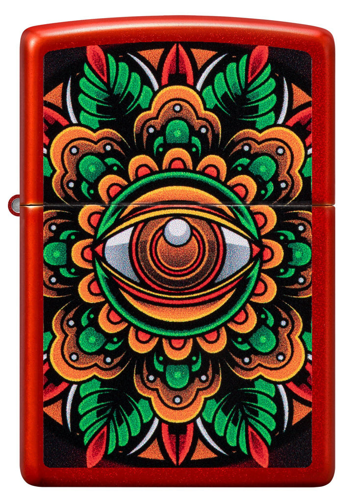 Front view of Zippo Counter Culture Eye Design Metallic Red Windproof Lighter.