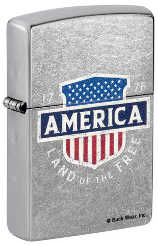 Front view of Zippo Buck Wear Street Chrome Windproof Lighter standing at a 3/4 angle.
