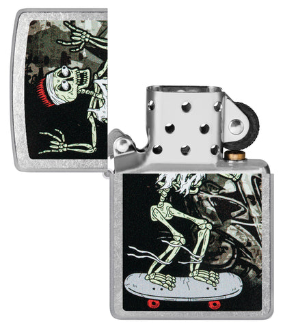Zippo Skateboard Street Chrome Windproof Lighter with its lid open and unlit.