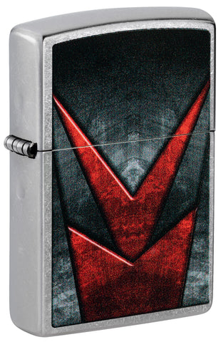 Front shot of Zippo Metallic Pattern Design Street Chrome Windproof Lighter standing at a 3/4 angle.