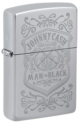 Front view of Zippo Johnny Cash High Polish Chrome Windproof Lighter standing at a 3/4 angle.