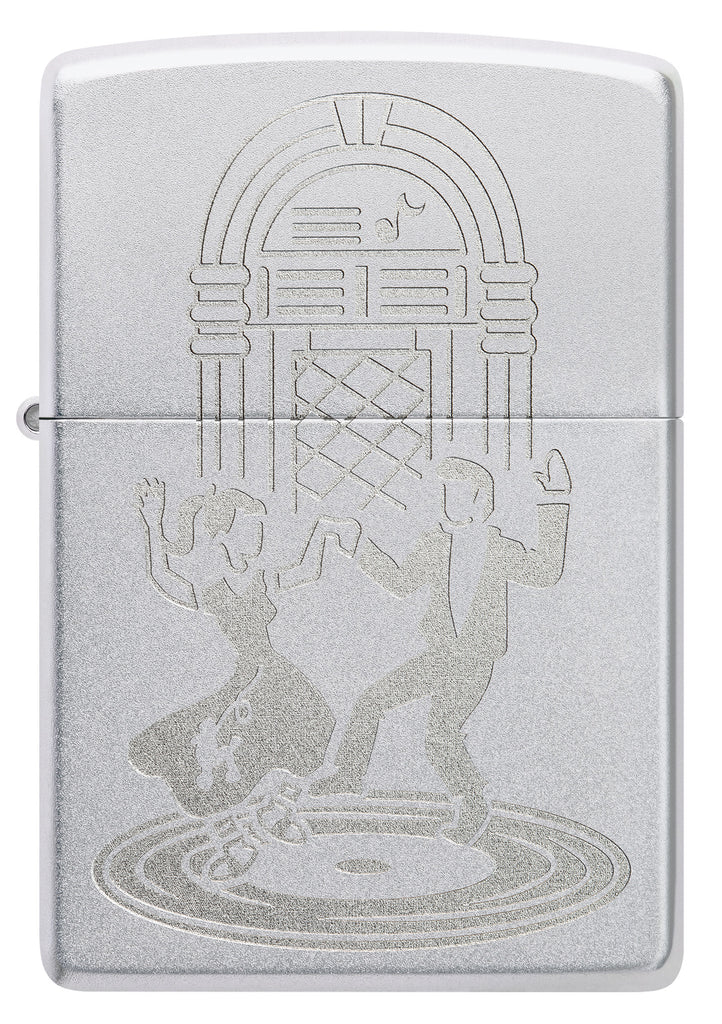 Front view of Zippo Vintage Dance Design Satin Chrome Windproof Lighter.