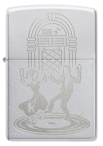 Front view of Zippo Vintage Dance Design Satin Chrome Windproof Lighter.