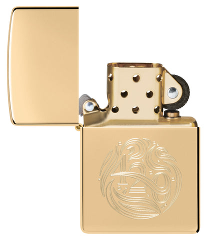 Zippo 420 Design High Polish Brass Windproof Lighter with its lid open and unlit.
