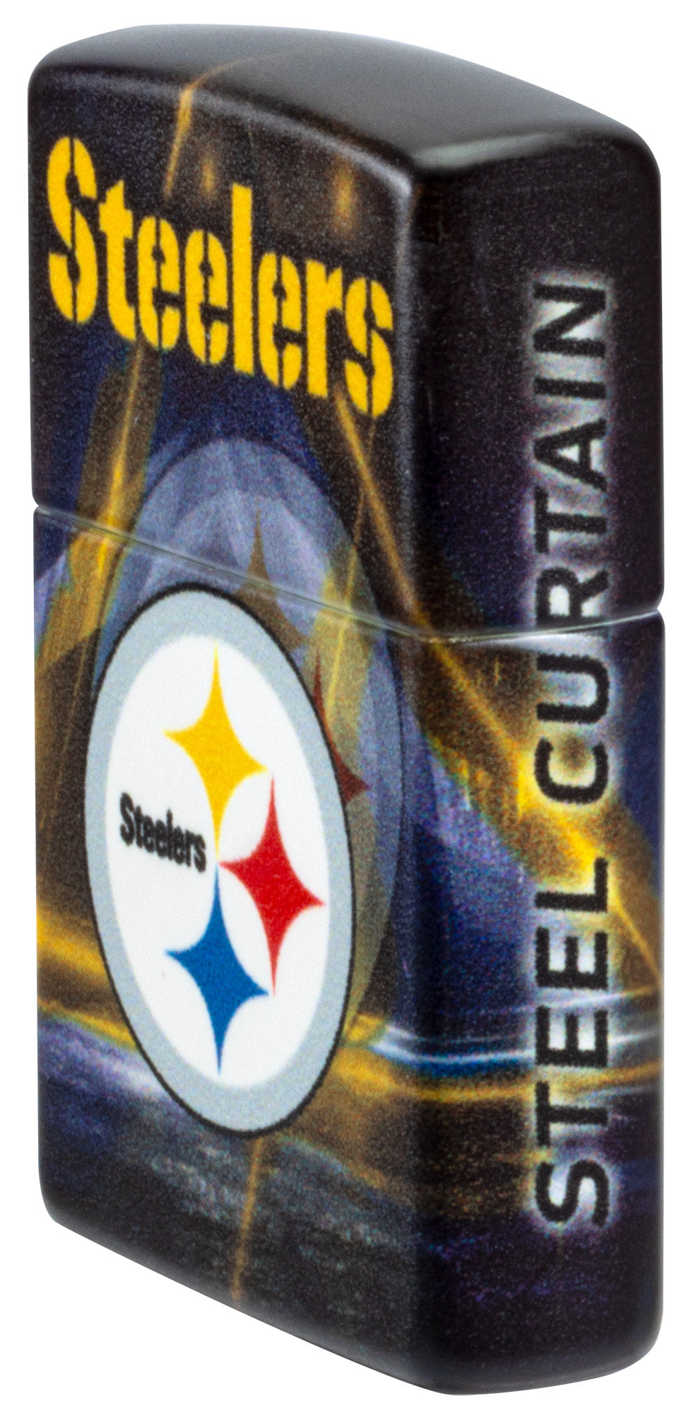 Angled shot of Zippo NFL Pittsburgh Steelers 540 Matte Windproof Lighter showing the front and right sides of the lighter.