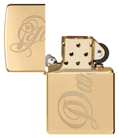 Zippo Dank Design High Polish Brass Windproof Lighter with its lid open and unlit.