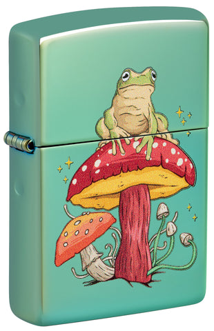 Front view of Zippo Mystical Frog Design High Polish Green Windproof Lighter standing at a 3/4 angle.