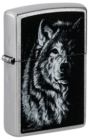 Front shot of Zippo Lindsay Kivi Shadow Wolf Street Chrome Windproof Lighter standing at a 3/4 angle.