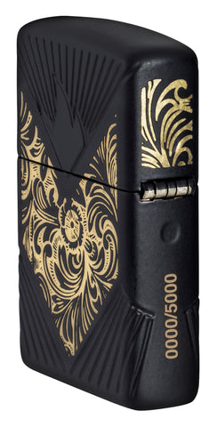 Angled shot of Zippo 2024 Collectible of the Year Windproof Lighter showing the back and hinge side of the lighter.