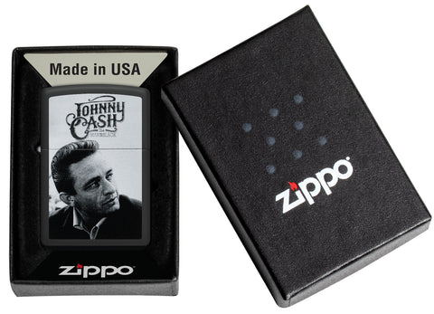 Zippo Johnny Cash Black Matte Windproof Lighter in its packaging.