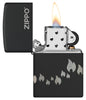 Zippo Design Black Matte with Chrome Windproof Lighter with its lid open and lit.