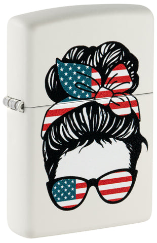 Front shot of Zippo American Woman Design White Matte Windproof Lighter standing at a 3/4 angle.