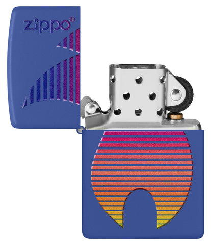 Zippo Design Royal Blue Matte Windproof Lighter with its lid open and unlit.