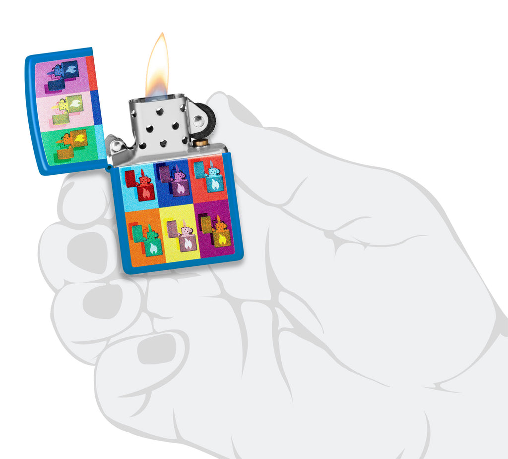 Zippo Pop Art Design Sky Blue Matte Windproof Lighter lit in hand.