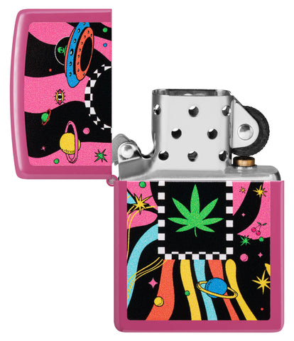 Zippo Cannabis Design Frequency Windproof Lighter with its lid open and unlit.