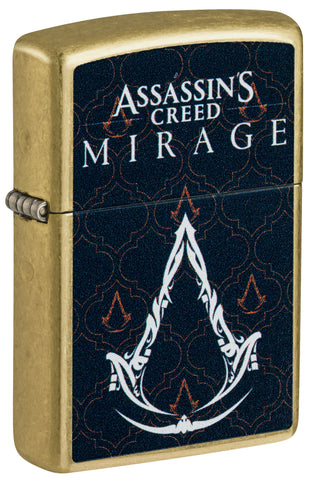 Front shot of Zippo Assassins Creed® Mirage Reg Street Brass Windproof Lighter standing at a 3/4 angle.