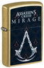 Front shot of Zippo Assassins Creed® Mirage Reg Street Brass Windproof Lighter standing at a 3/4 angle.