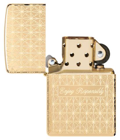 Zippo Enjoy Responsibly Design High Polish Brass Windproof Lighter with its lid open and unlit.