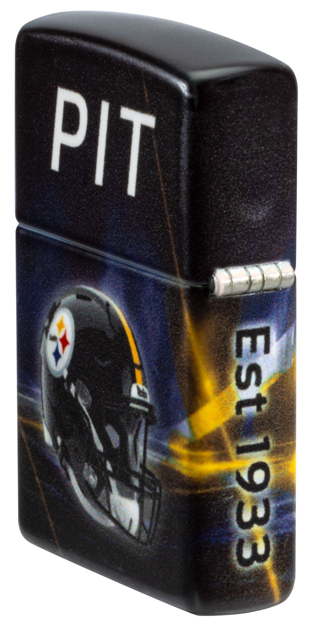 Angled shott of Zippo NFL Pittsburgh Steelers 540 Matte Windproof Lighter showing the back and hinge sides of the lighter.