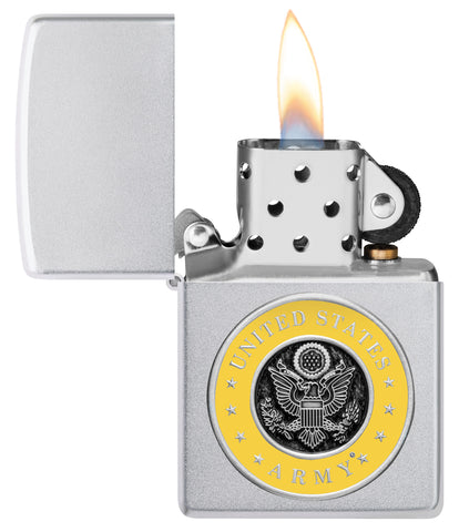 Zippo United States Army® Emblem Satin Chrome Windproof Lighter with its lid open and lit.