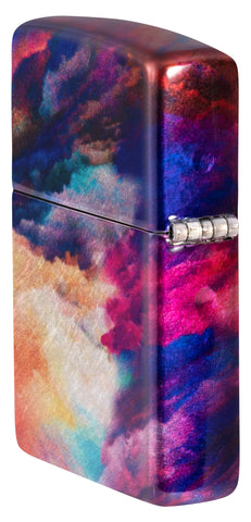Angled shot of Zippo Tie Dye Design 540 Tumbled Chrome Windproof Lighter showing the back and hinge side of the lighter.