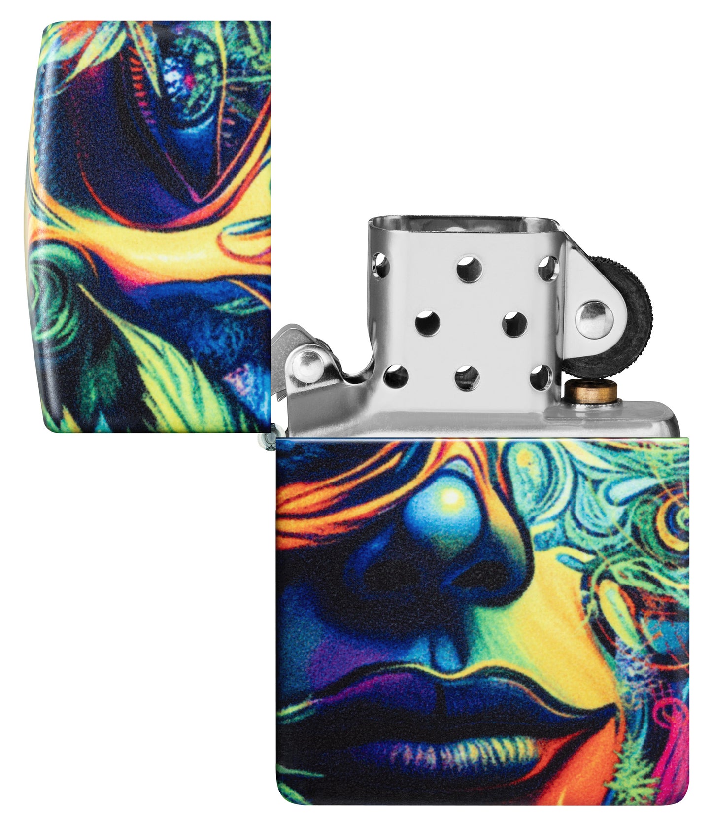 Zippo Cannabis Camo Design 540 Matte Windproof Lighter with its lid open and unlit.