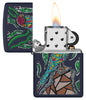 Zippo John Smith Gumbula Navy Matte Windproof Lighter with its lid open and lit.