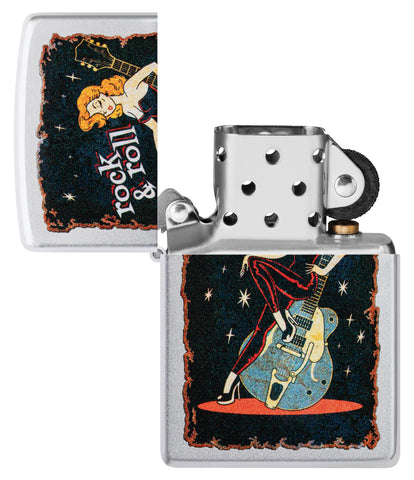 Zippo Cool Chick Design Satin Chrome Windproof Lighter with its lid open and unlit.