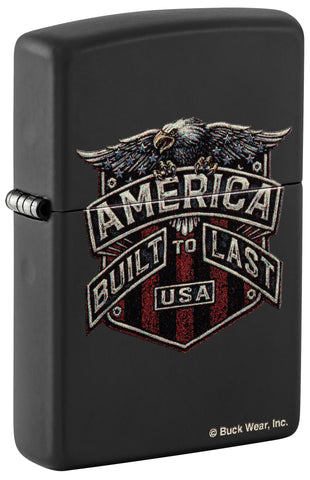 Front shot of Zippo Buck Wear Eagle Design Black Matte Windproof Lighter standing at a 3/4 angle.
