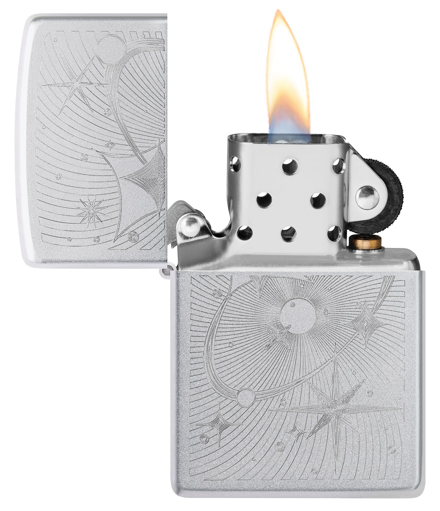 Zippo Atomic Cosmos Design Satin Chrome Windproof Lighter with its lid open and lit.