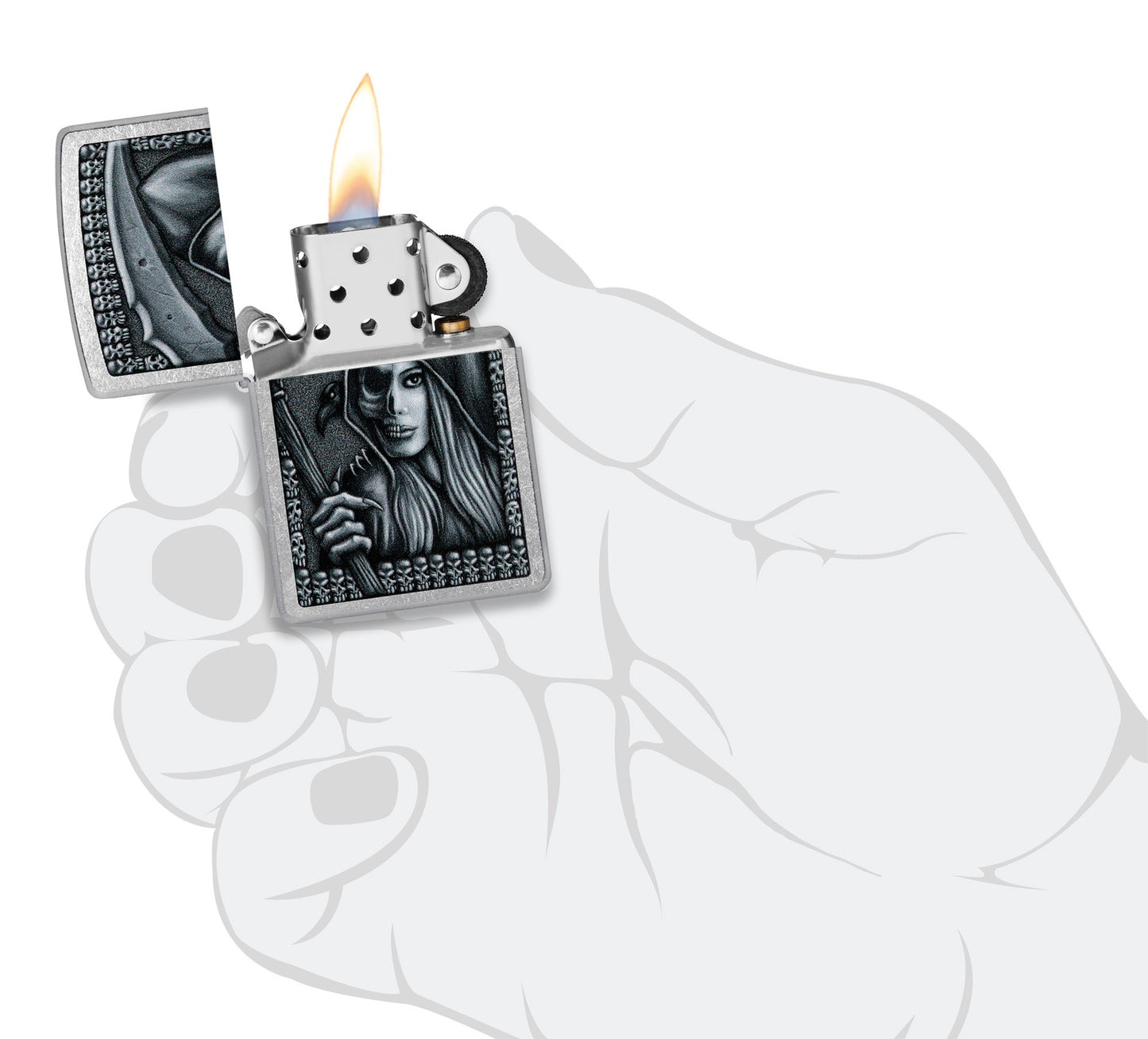 Zippo Grim Beauty Design Street Chrome Windproof Lighter lit in hand.