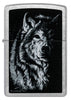 Front view of Zippo Lindsay Kivi Shadow Wolf Street Chrome Windproof Lighter.